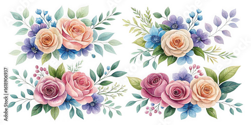 Elegant watercolor rose bouquets with lush greenery on black background