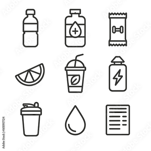 Hydration and Nutrition Icons. Outline icon set of hydration and nutrition: water bottle, electrolyte drink pouch, protein bar,