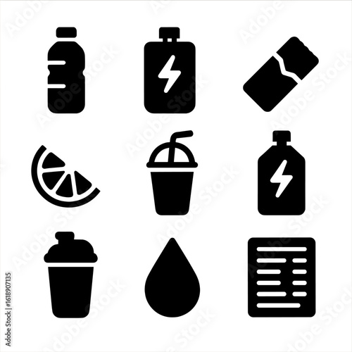Hydration and Nutrition Icons. Solid, Filled icon set of hydration and nutrition: water bottle, electrolyte drink pouch, protein