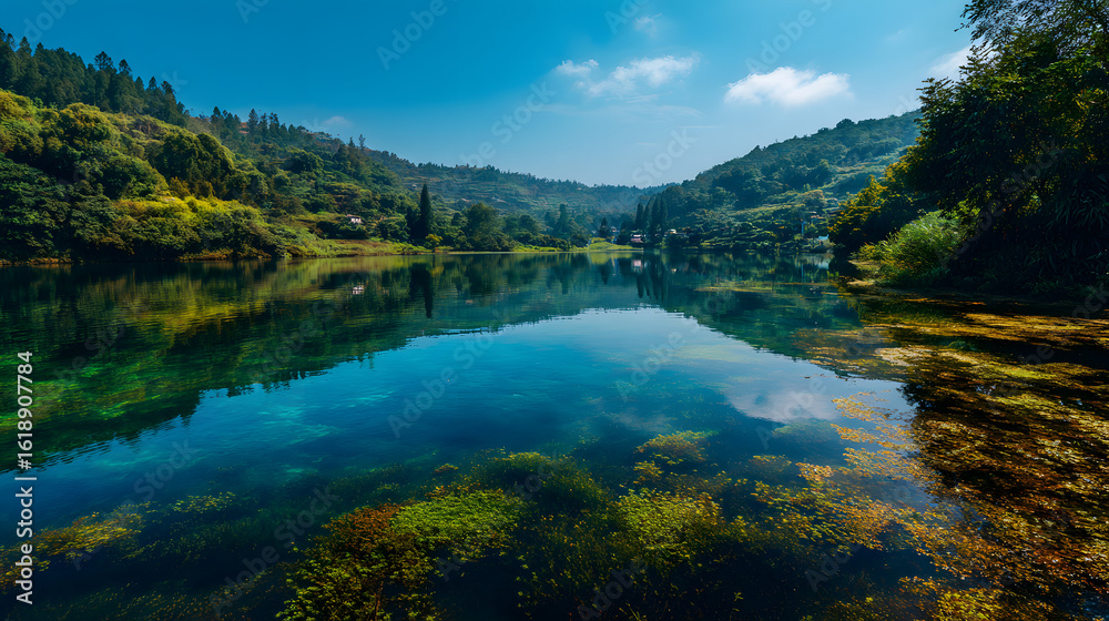 Fototapeta premium Serene Landscape with Lush Greenery and Clear Blue Water Under Bright Sunny Sky