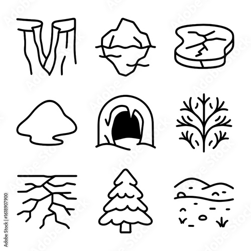 Icy Landscape Icons. Outline icon set of icy landscapes: glacier crevasse, iceberg chunk, frozen lake, snowdrift mound, ice cave