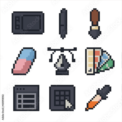 Illustration Tool Icons. Pixel art icon set of illustration tools: graphics tablet, stylus pen, brush tool, eraser, pen tool,