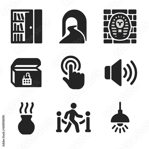 Immersive Experience Icons. Flat icon set of immersive set elements: secret door, hidden passage, themed décor, interactive prop,