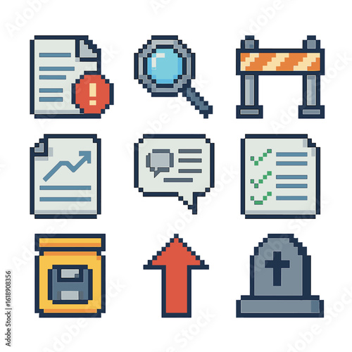 Incident Response Icons. Pixel art icon set of incident response procedures: incident ticket, forensics magnifier, containment