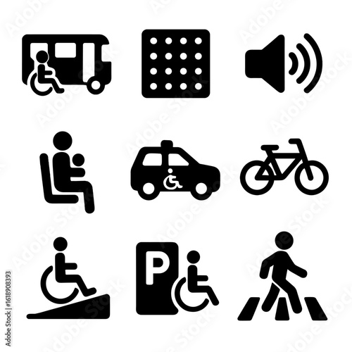 Inclusive Transport Icons. Solid, filled icon set of inclusive transportation: wheelchair accessible bus, tactile paving, audio
