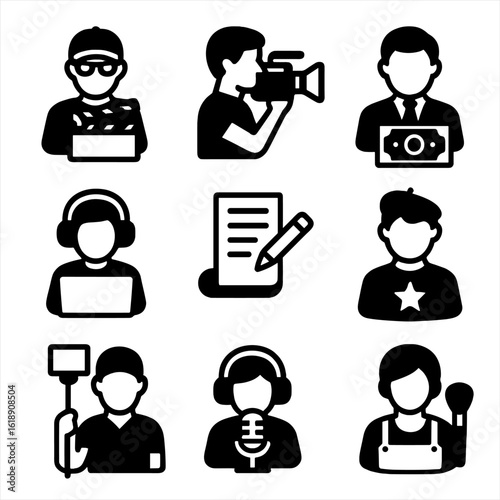 Indie Film Crew Icons. Solid, filled icon set of indie film crew roles: director, cinematographer, producer, editor, scriptwriter,