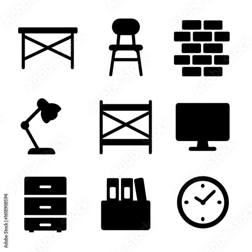 Industrial Loft Icons. Solid, filled icon set of industrial loft workspace: metal desk, vintage chair, exposed brick, desk lamp,