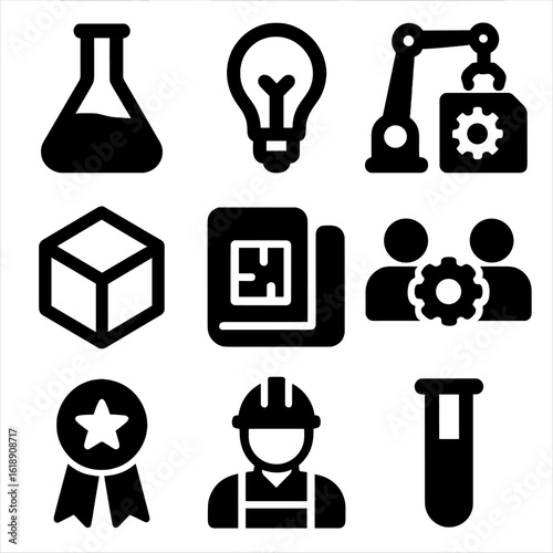 Industry Innovation Icons. Solid, filled icon set of Industry 4.0 innovation and R&D: laboratory flask, idea bulb, prototype, 3D