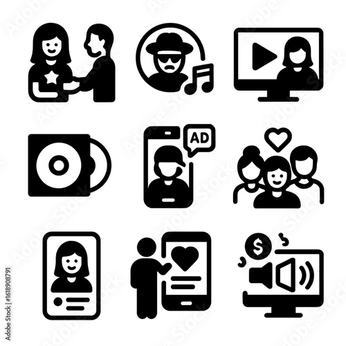 Influencer Music Icon Set. Solid, filled icon set of influencer musician partnerships: celebrity endorsement, artist logo, music