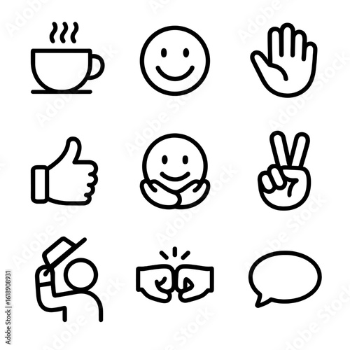 Informal Greeting Icons. Solid, filled icon set of informal greetings: coffee cup, smiley face, wave, thumbs up, hug, peace sign,