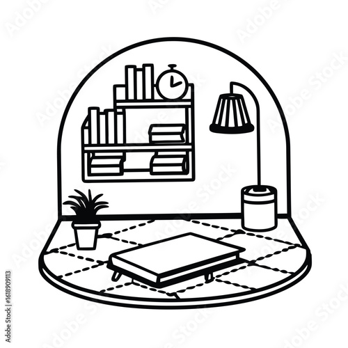 stylish study space with warm rug and books inviting atmosphere