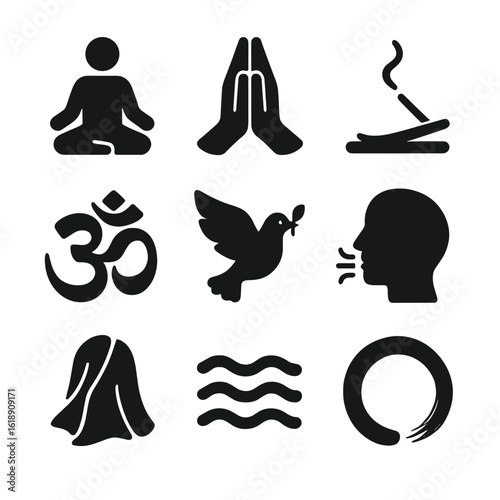 Inner Peace Icons. Solid, filled icon set of inner peace and calm: meditating person, prayer hands, incense stick, OM symbol,