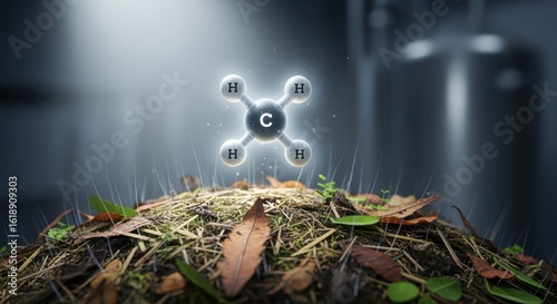 Graphic concept of methane molecule rising from decomposing biomass representing clean biogas production process.