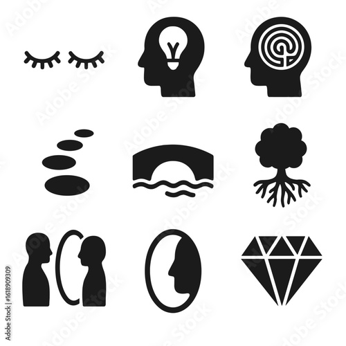 Insightful Icon Set. Solid, filled icon set of inner journey and insight: closed eyes, light bulb inside head, inner maze,