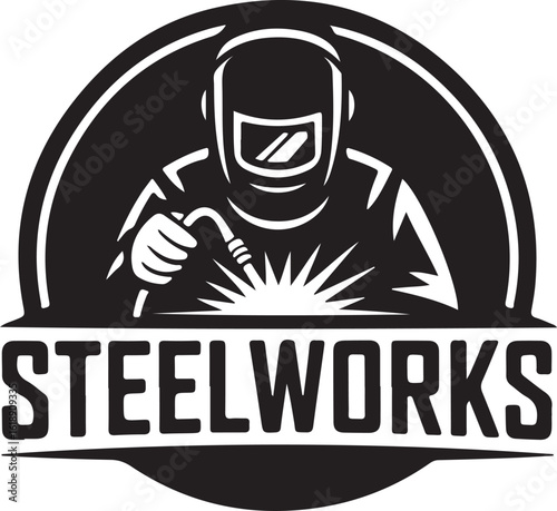 Welder working with sparks and steelworks text welding metal