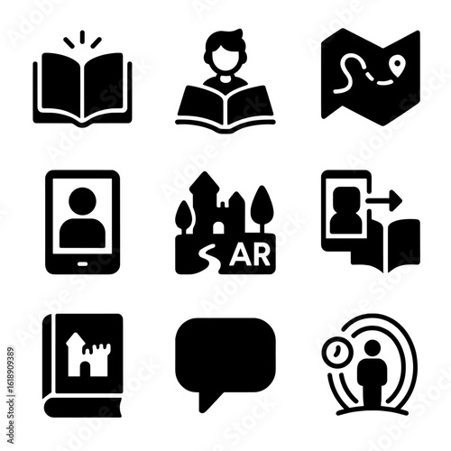 Interactive AR Story Icons. Solid, filled icon set of interactive AR storytelling: animated book, character popup, story map,