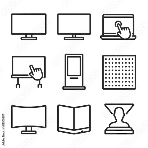 Interactive Display Icons. Solid, filled icon set of interactive display hardware types: LCD screen, OLED panel, touchscreen