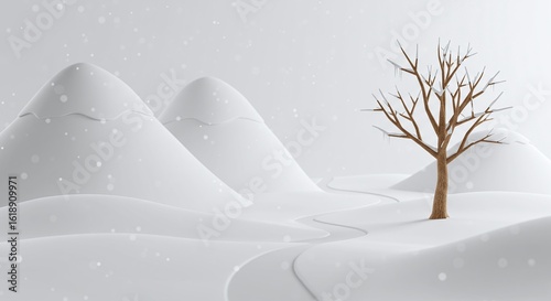 Minimalist Winter Landscape: Snow-Covered Hills, Bare Tree, and Winding Path in a Serene White Scene