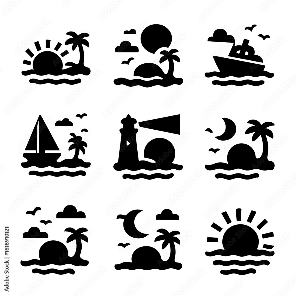 Fototapeta premium Island Sunset Icons. Solid, filled icon set of sunset and sunrise on islands: sun, horizon, waves, palm tree silhouette, clouds,