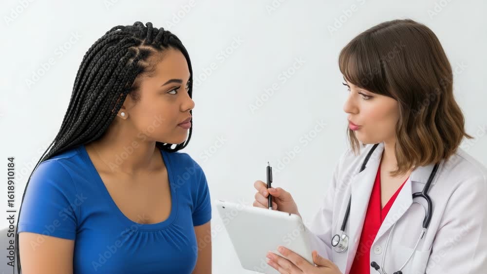 A doctor in a white coat with a stethoscope consults with a patient, looking at a tablet A doctor in a white coat with a stethoscope consults with a patient, looking at a tablet