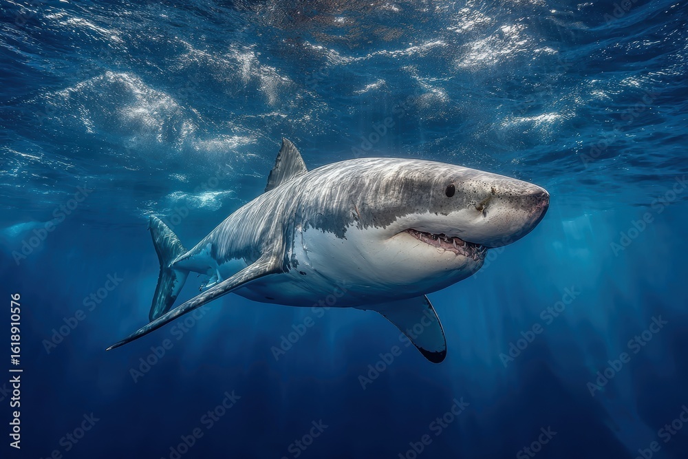 Fototapeta premium Great white shark swimming gracefully in the clear, blue ocean water during daylight hours, creating ripples on the water's surface