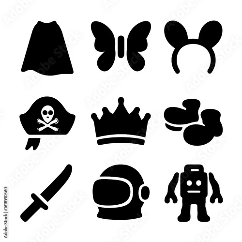 Kids Costume Icons. Solid, filled icon set of kids party costumes: superhero cape, fairy wings, animal ears, pirate hat, princess