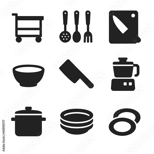 Kitchen Icon Set. Solid, filled icon set of kitchen work area: wooden cart, utensils, cutting board, knife, bowl, chopping knife,