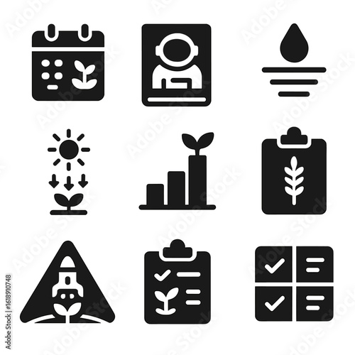 Colonist Farming Icon Grid. Solid, filled icons set of colonist farming routines: crop schedule, astronaut log