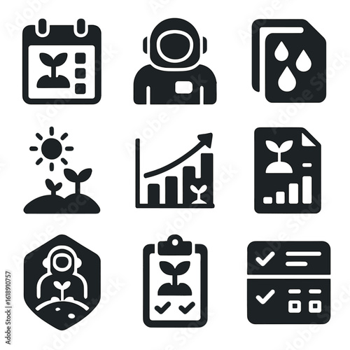 Colonist Farming Icon Grid. Solid, filled icons set of colonist farming routines: crop schedule, astronaut log