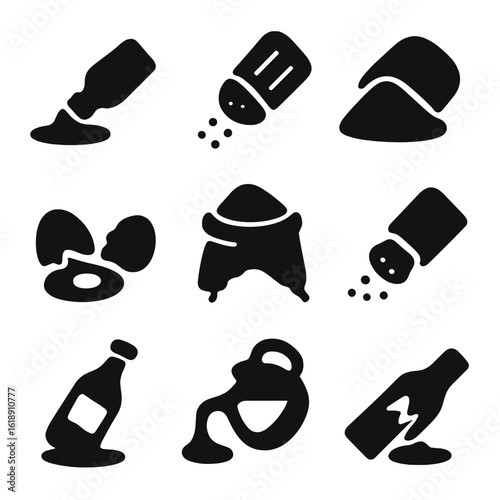 Kitchen Spills Icons. Solid, filled icon set of spilled items in kitchen: spilled oil, tipped salt shaker, spilled sugar, broken