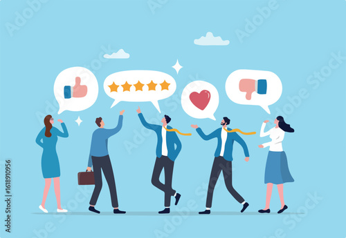 Employee feedback, opinion or rating review, customer service quality, survey result or social media comment, appraisal, evaluation or ranking concept, business people giving feedback communication