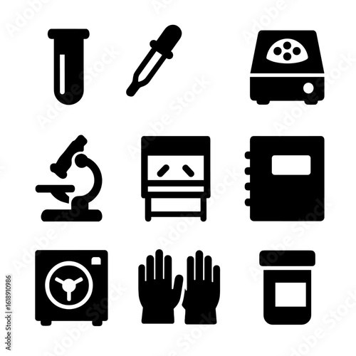 Lab Safety Icons. Solid, filled icon set of lab tools with safety focus: test tube, pipette, centrifuge, microscope, safety