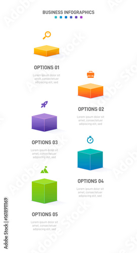 Vertical progress bar featuring 5 arrow-shaped elements, symbolizing the five stages of business strategy and progression. Clean timeline infographic design template. Vector for mobile presentation.