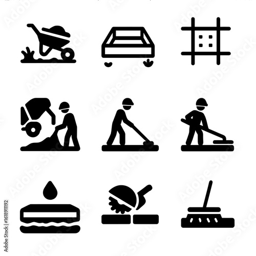 Concrete Floor Installation Icons. Solid, filled icon set of concrete floor installation stages: site preparation, formwork setup,