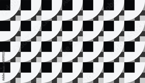 Seamless geometric pattern in black and white, combining quarter circles and squares in a repetitive grid