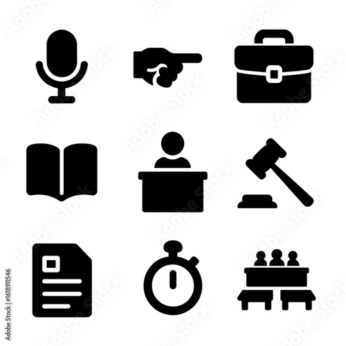 Legal Icon Set. Solid, filled icon set of trial questioning: microphone, pointing hand, legal briefcase, open book, witness stand,