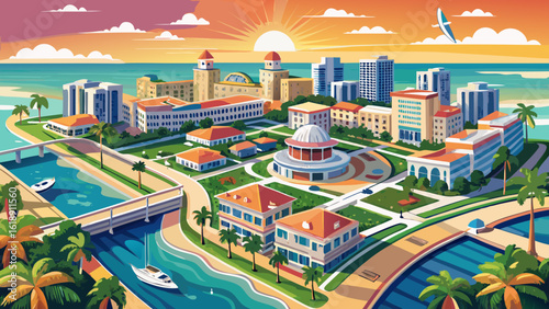 An aerial view of West Palm Beach, Florida shows turquoise waters meeting a city of sunlit towers. Semi-realistic vector style captures palm-lined streets, glowing rooftops, and coastal charm.