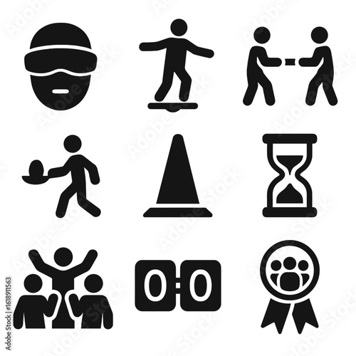 Cooperative Games Icons. Solid, filled icons set of cooperative games and challenges: blindfold icon, balance