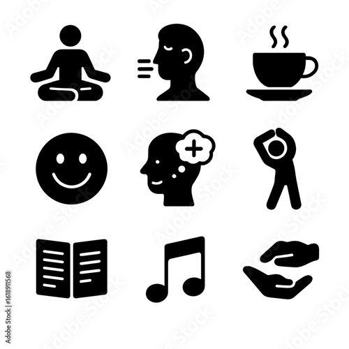 Coping Icons Grid. Solid, filled icon set of coping with nervousness: meditation pose, deep breathing, calming tea, smile,