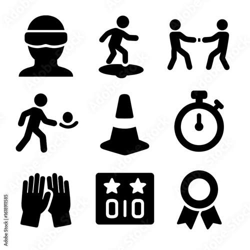 Cooperative Games Icons. Solid, filled icons set of cooperative games and challenges: blindfold icon, balance