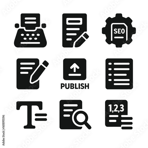 Copywriting Icon Set. Solid, filled icons set of copywriting and blog content: typewriter icon, blog post