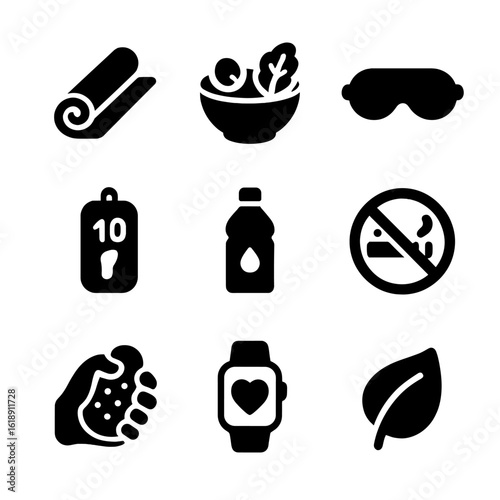 Lifestyle Change Icons. Solid, filled icon set of lifestyle changes for chronic conditions: yoga mat, diet bowl, sleep mask, step