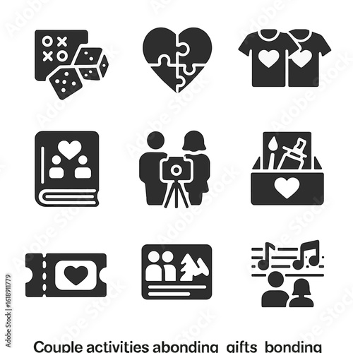 Couple Activity Icons. Solid, filled icons set of couple activities and bonding gifts: game night, puzzle