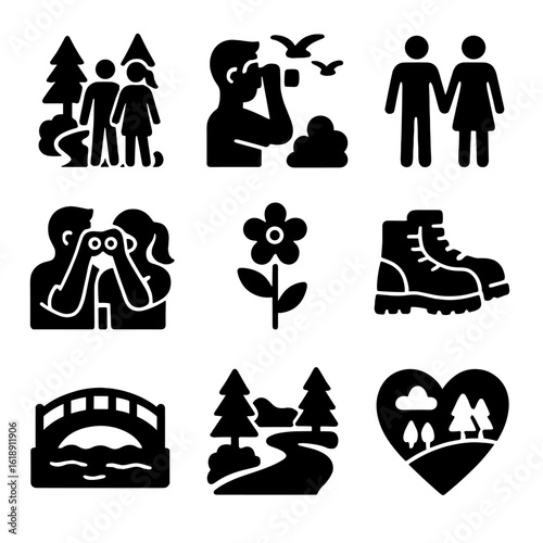 Couples' Nature Icon Set. Solid, filled icons set of couples on quiet nature walks: forest path, birdwatching
