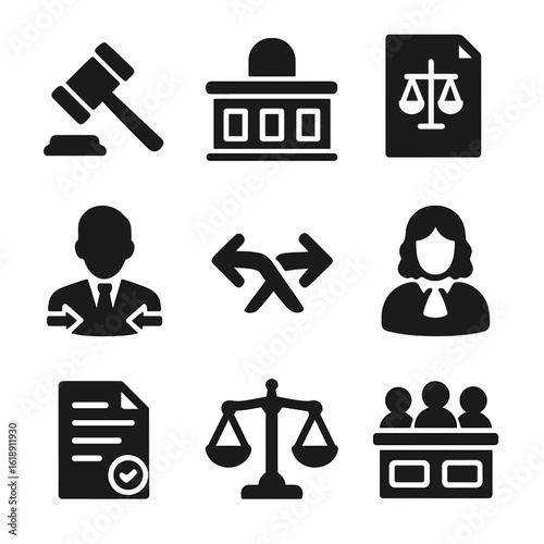 Courtroom Icons Grid. Solid, filled icons set of courtroom and formal argument: judge gavel, courtroom bench,