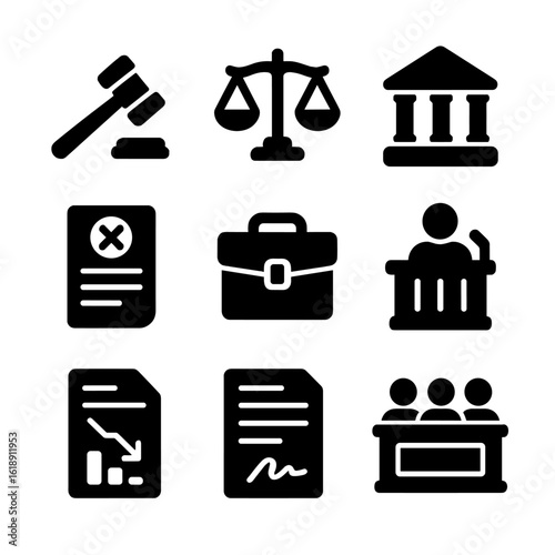 Courtroom Icon Set. Solid, filled icon set of courtroom during bankruptcy proceedings: judge gavel, legal scales, courthouse