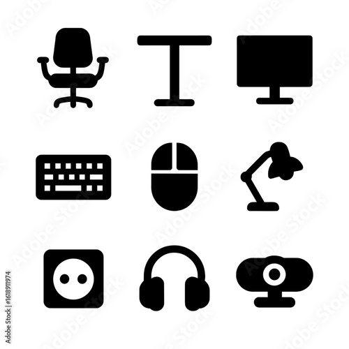 Coworking Space Icons. Solid, filled icon set of coworking space equipment: ergonomic chair, standing desk, monitor, keyboard,