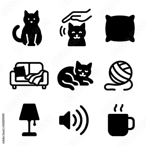 Cozy Cat Icons. Solid, filled icon set of petting a cat on a cozy couch: cat sitting, hand petting, couch cushion, soft blanket,