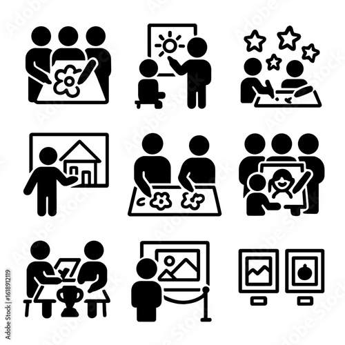 Creative Icon Set. Solid, filled icon set of Crayon drawing fun activities: group drawing, art class, coloring contest, mural