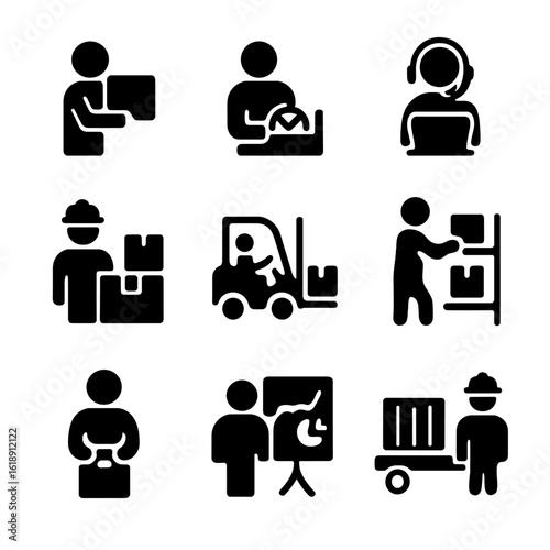 Logistics Roles Icons. Solid, filled icon set of logistics team roles: loader, driver, dispatcher, warehouse manager, forklift